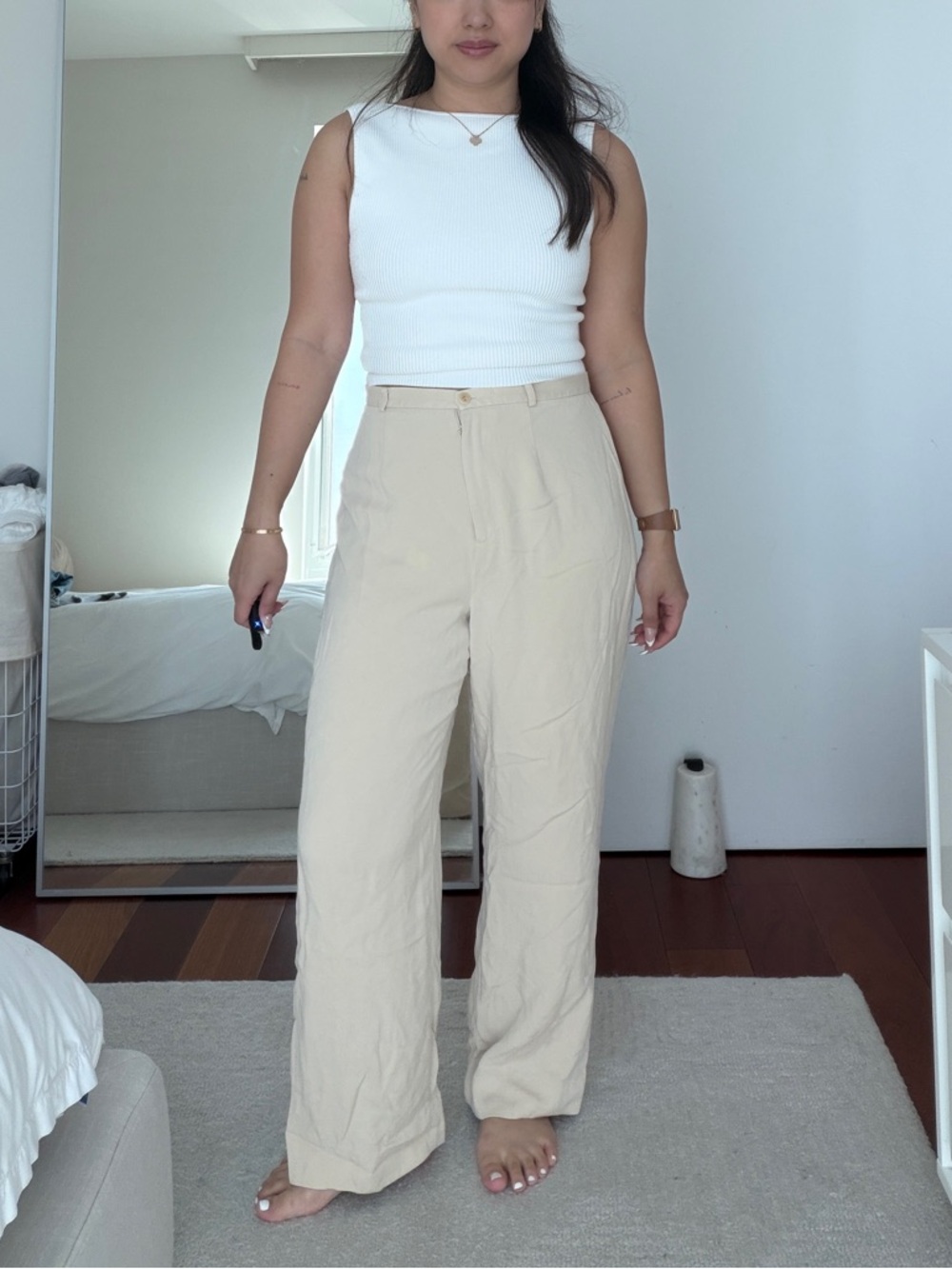 Ann Taylor Wide-Leg High-Rise Pants in Light Beige